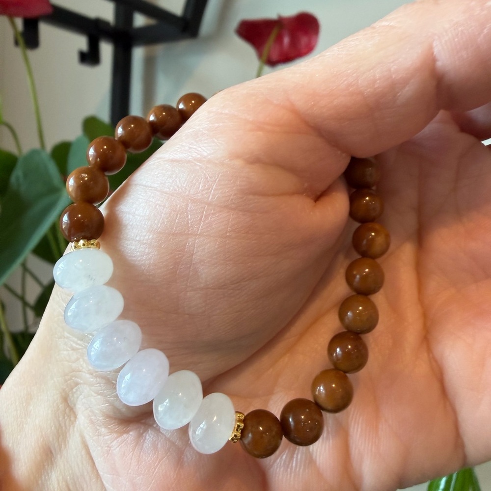 NEW Natural Grade A Burmese Jadeite Barrel Bead Bracelet with Kuk Wood Beads